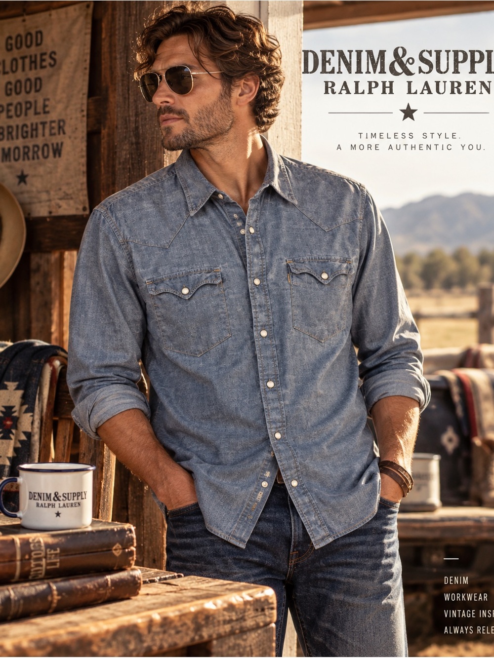 Denim & Supply Ralph Lauren XL Chambray Western Pearl Snap Shirt